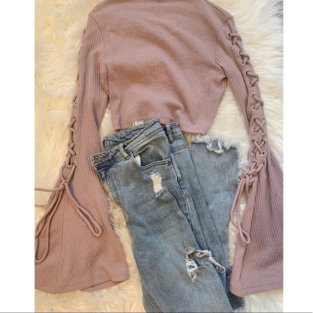 Missguided bell sleeve crop top with tie up detail